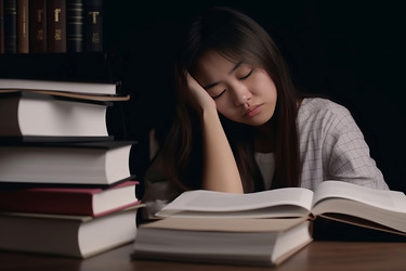 молодая женщина, изучающая много книг, чувствует усталость. чтение учебника трудового воспитания. генеративный контент - yliv