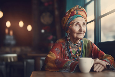женщина в этнической одежде отдыхает с чашкой кофе. пожилая женщина в традиционной одежде сидит в чайной комнате. генеративный контент - yliv