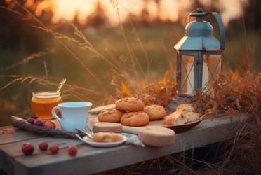 Tea cookies on wooden board. Summer food in field nature. Generate Ai - yliv