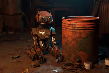 Rusty robot machine trash. Cyberpunk robotic machine at industrial garbage. Generate ai - yliv