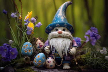 Cute Easter gnome with eggs in spring blooming flowers. Small bearded fairytale dwarf in spring garden. Generate ai - yliv