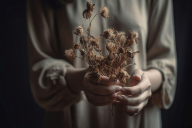 Woman hand holding dry plant. Generate Ai - yliv