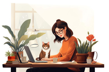 женщина с кошкой работает за домашним столом. человек, обожающий домашнюю работу фрилансера. генеративный контент - yliv