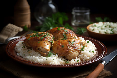 запеченная курица с рисом. запеченное мясо птицы с вареным рисом басмати. генеративный контент - yliv