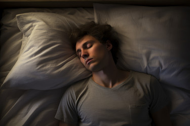 Man suffering from insomnia on bed pillow at home. Generate Ai - yliv