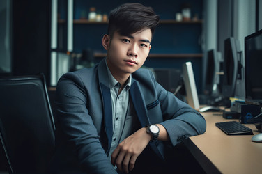 Asian man working office cute portrait. Research information trade lookin male. Generate Ai - yliv