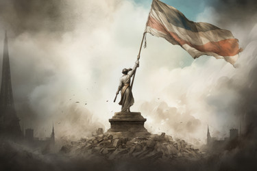 Revolution statue digital art. Symbolistic and historical monument with flag. Generate AI - yliv