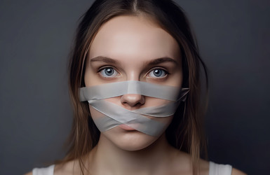 молодая женщина заклеивает рот скотчем. подвергнутый цензуре белый цвет. генеративный контент - yliv