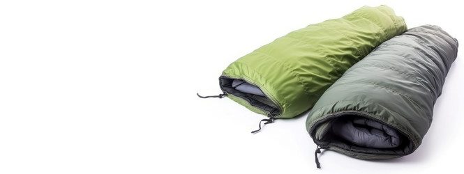 Sleeping bags on white banner. Fitness person travel tourism equipment. Generate Ai - yliv