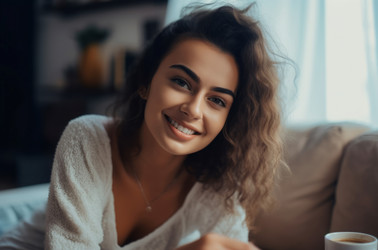 женщина, расслабляющаяся на диване и улыбающаяся. генеративный контент - yliv