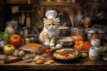 котенок готовит на кухне еду. милый кот в шляпе шеф-повара на столешнице. генеративный контент - yliv