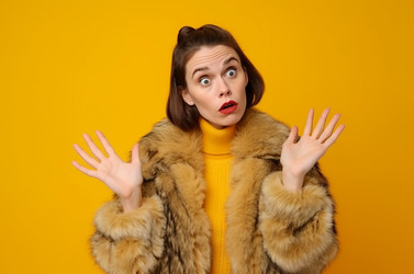 Puzzled indignant young Caucasian lady in fur coat. Perplexed woman posing on yellow wall background. Generate ai - yliv