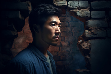Ancient China night man archeologic. Asian historical male in old stone building. Generate ai - yliv