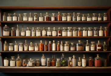 Pharmacy shelves with diverse healing ingredients. Scientific antique drugstore with diverse herbs bottles. Generate ai - yliv