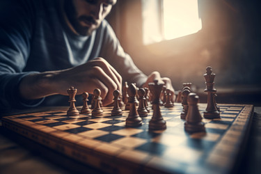 Мужчина, играющий в шахматы. Настольная игра для интеллектуального развития стратегического мышления. Генерировать искусственный интеллект - yliv