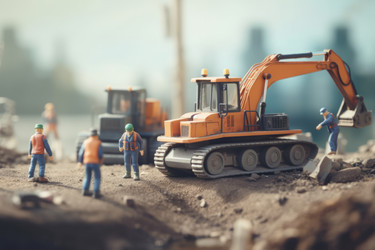 Miniature worker cooperation team. Plastic toys imitate real workers service. Generate AI - yliv
