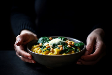 Руки держат миску с фасолью для поленты. Блюдо из отварной кукурузной муки с белой фасолью и шпинатом. Генерировать искусственный интеллект - yliv