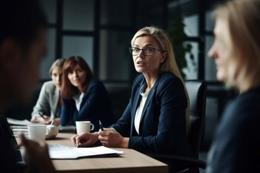 Mature woman company boss. Aged woman with glasses on teamworking meeting. Generate ai - yliv