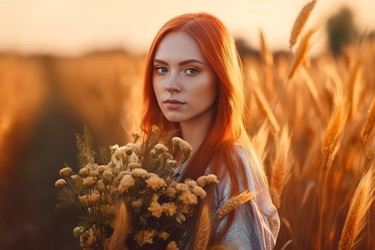 рыжеволосая женщина на пшеничном поле. летняя природа, красивое солнечное поле. генеративный контент - yliv