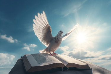 голубь на открытой библейской книге с видом на голубое солнечное небо. генеративный контент - yliv