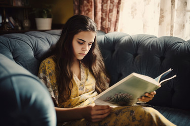 красивая молодая девушка читает книгу на диване. генеративный контент - yliv