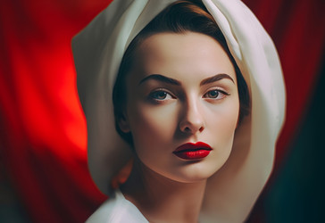 женщина-модель с естественным макияжем и красными губами. портрет брюнетки в белом платке на голове. генеративный контент - yliv