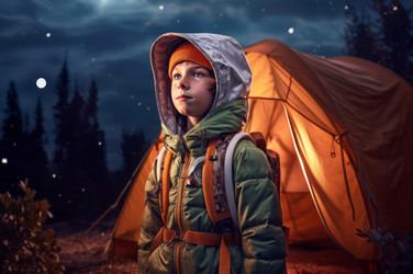 Night nature child hiking. Child boy summer nature campfire. Generate Ai - yliv