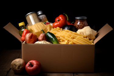 коробка с продуктами для пожертвований на черном фоне. генеративный контент - yliv