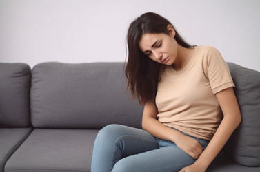 Sad woman pain menstruation on home sofa. Generate AI - yliv
