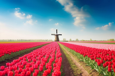 Tulips field windmill. Summer nature travel in beautiful Netherlands. Generate Ai - yliv