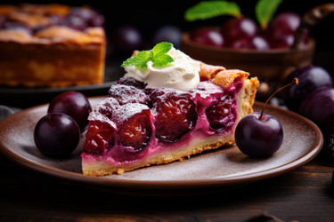 Delicious piece of pie with plums food. Generate Ai - yliv