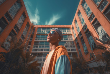 Rap man with sunglasses posing on city architecture. Male rapper recording outdoor hip hop videoclip. Generate ai - yliv