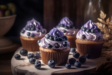 фотография черничных кексов с фруктами крупным планом. вкусный десерт из выпечки со сливочными маффинами. генеративный контент - yliv