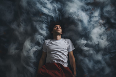 Man suffering from insomnia on bed top view. Generate Ai - yliv