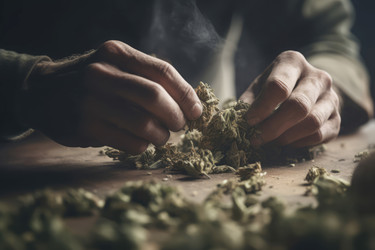 Man examines ganja. Hands working small pile illegal marijuana table. Generate AI - yliv