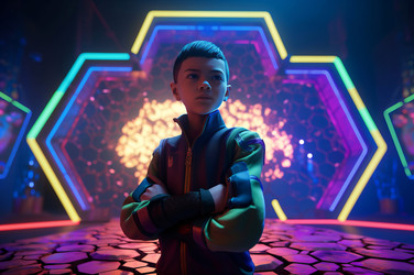Юный геймер в цифровой сети radiant cyberpunk. Кибернетический цифровой светящийся фанковый юниорский плеер. Генерировать искусственный интеллект - yliv