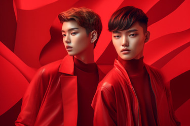 Voguish young men dressed in red clothes. Generate ai - yliv