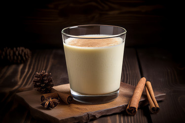 Eggnog cinnamon beverage. Dairy festive creamy cocktail glass. Generate ai - yliv