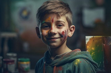 Smiling boy paint portrait cute creative. People dirty colors play joyful. Generate Ai - yliv