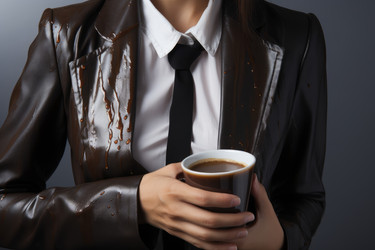 Woman showing stain of coffee her leather jacket. Generate Ai - yliv