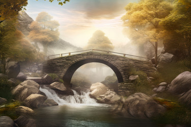 Stone bridge scene over stream waterfall. Generate ai - yliv