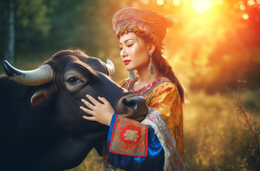 красивая азиатка обнимает корову на поле. генеративный контент - yliv