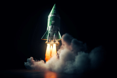 Летят ракеты зеленого цвета. Космический челнок flame ship. Генерировать искусственный интеллект - yliv