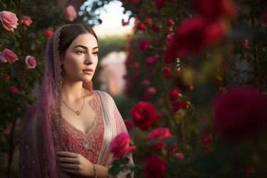 India lady rose flowers. Cute woman. Generate Ai - yliv