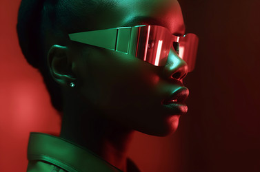 Black woman futuristic green neon with sunglasses. Colorful fashion female model. Generate Ai - yliv