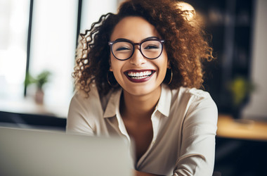 Happy woman smiling laptop. Generate Ai - yliv