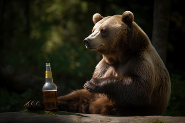 Bear with bottle beer. Giant and carnivores beast chilling woodland. Generate AI - yliv