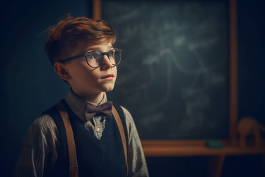 Young schoolboy with eyeglasses at the chalkboard. Intelligent clever boy in school classroom. Generate ai - yliv