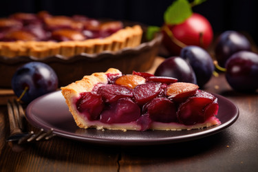 Delicious piece of pie with plums tasty recipe. Meal healthy dessert food. Generate Ai - yliv