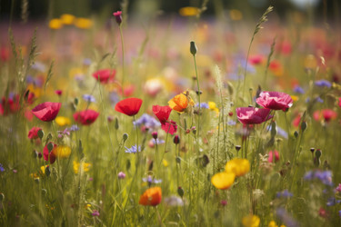 Flower meadow spring. Miscellaneous and multicolored plants blooming field. Generate AI - yliv